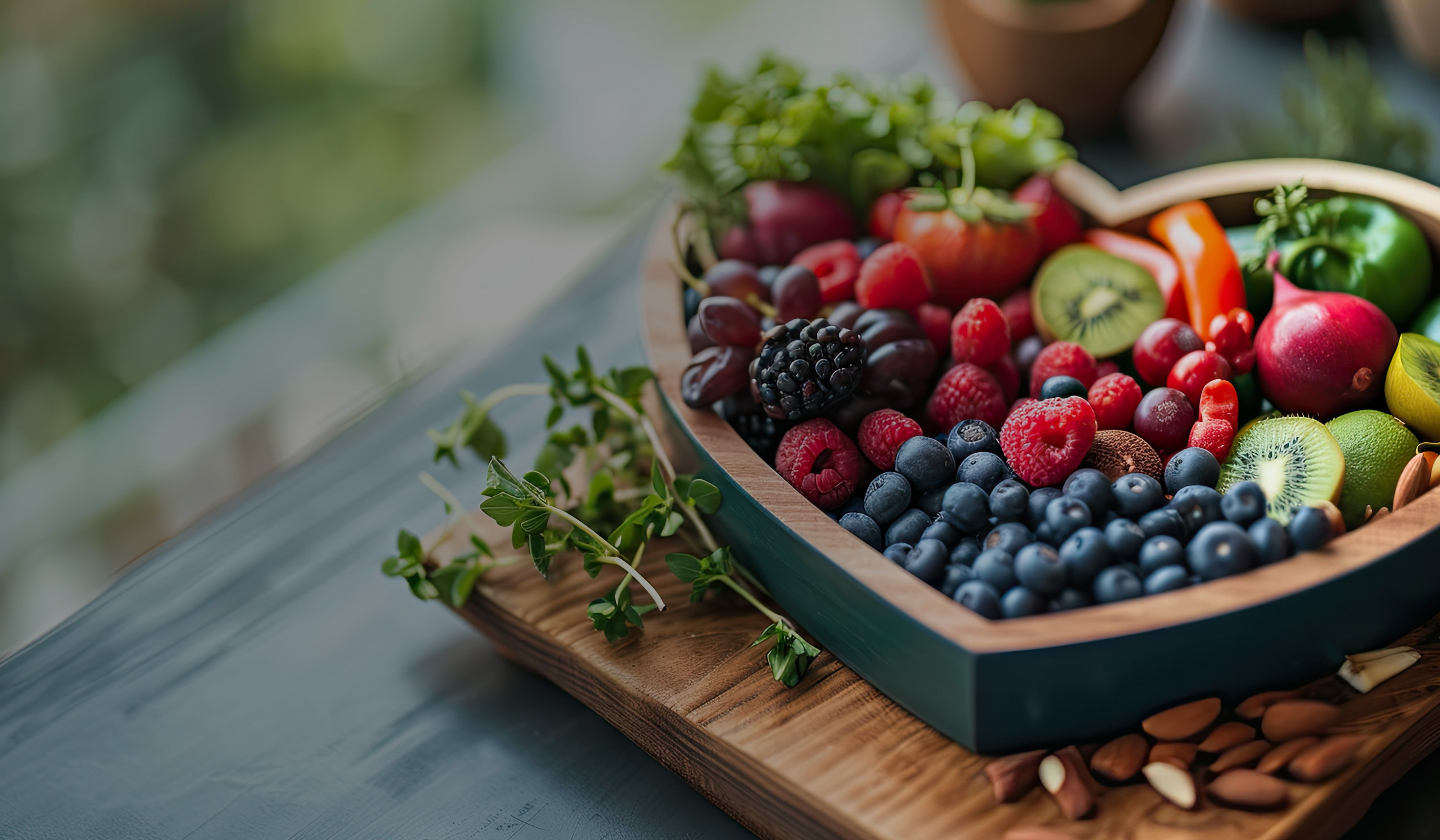 love heart shaped wooden fruit bowl with assorted fruits