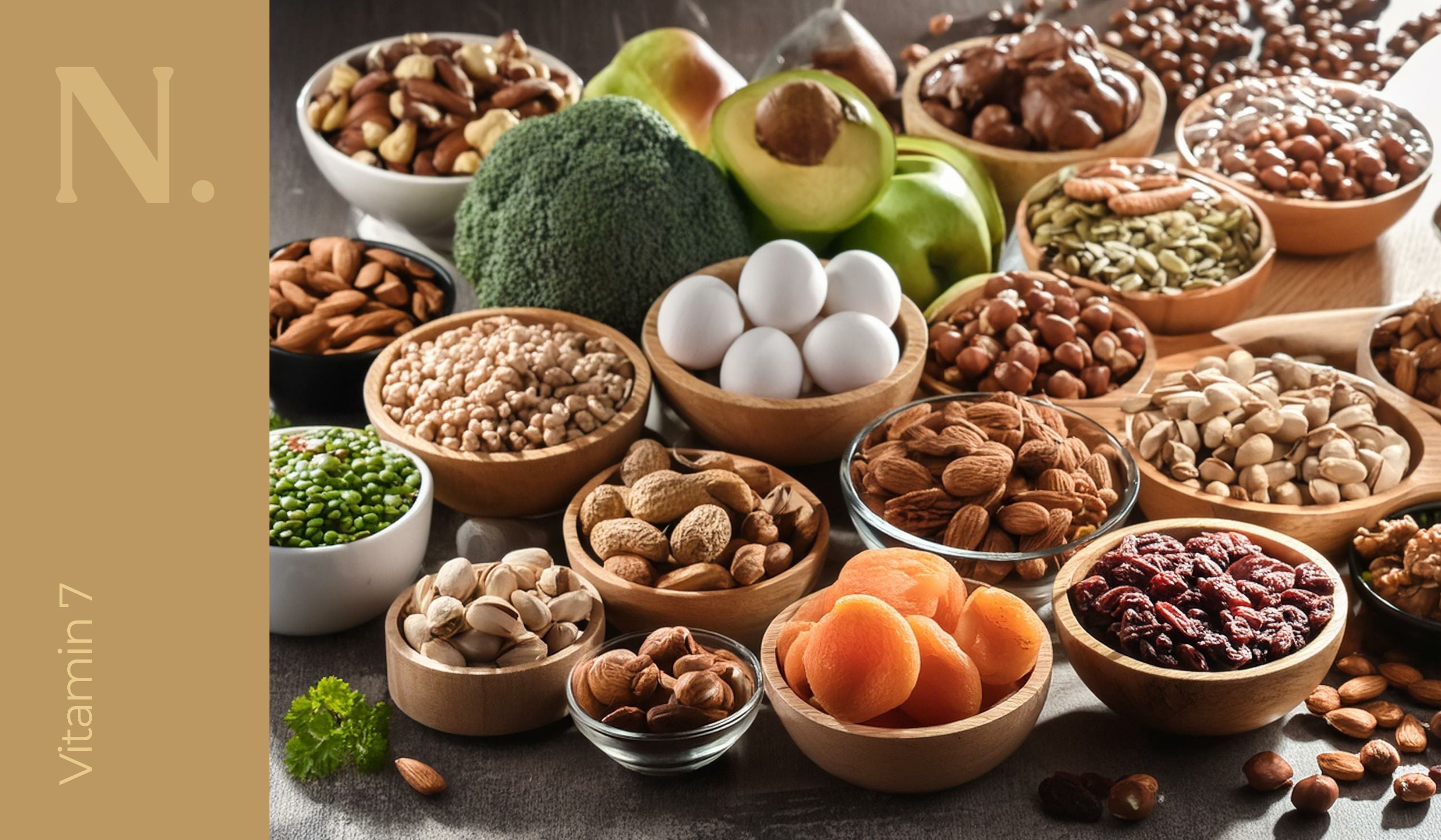 Wooden bowls of fruit, veg, eggs and nuts - Vitamin 7