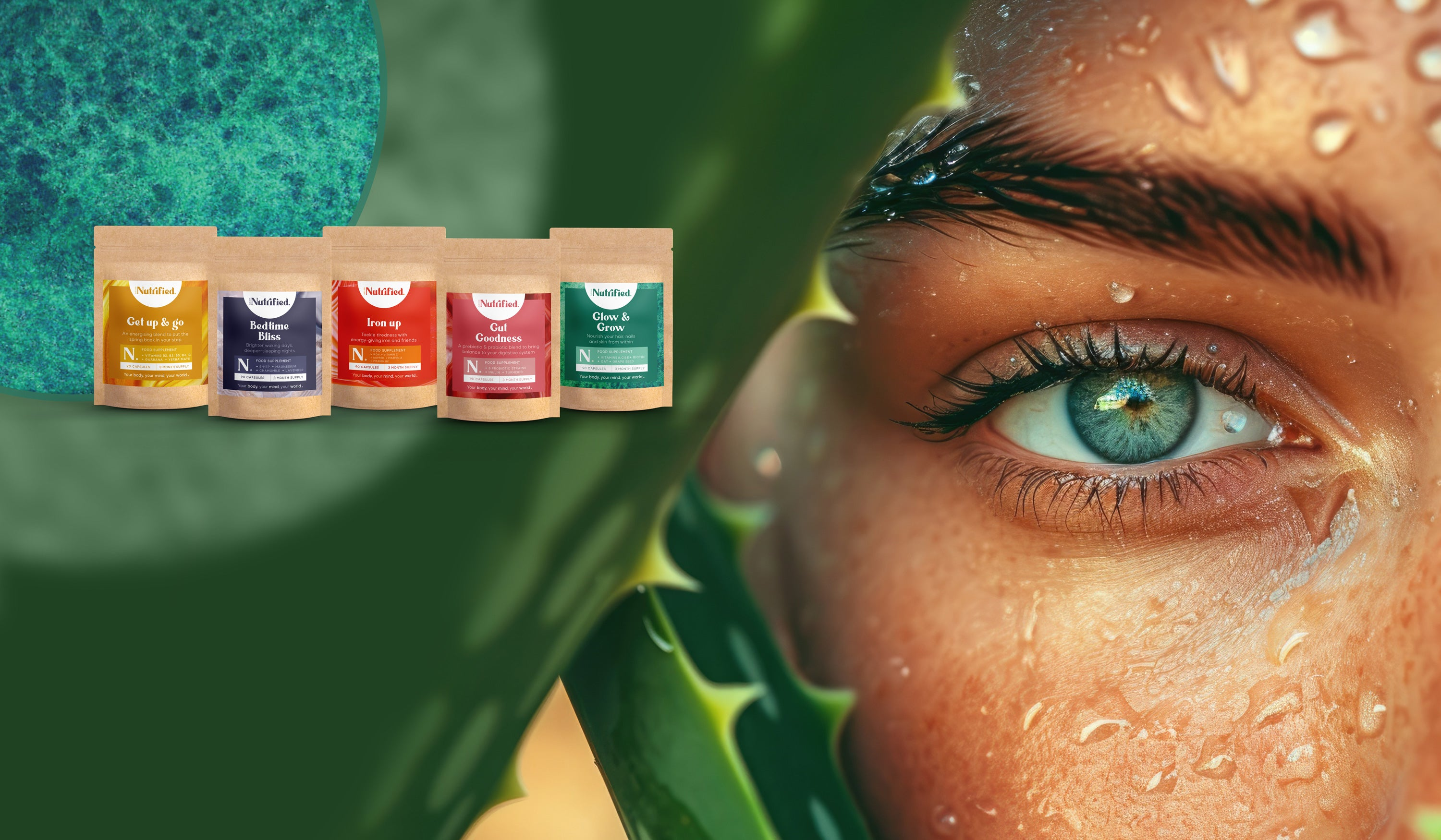 front view group shot of supplements with shot of eye/face and a green leaf background