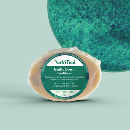 front view of Gently Does It Conditioner bar with a green textured background