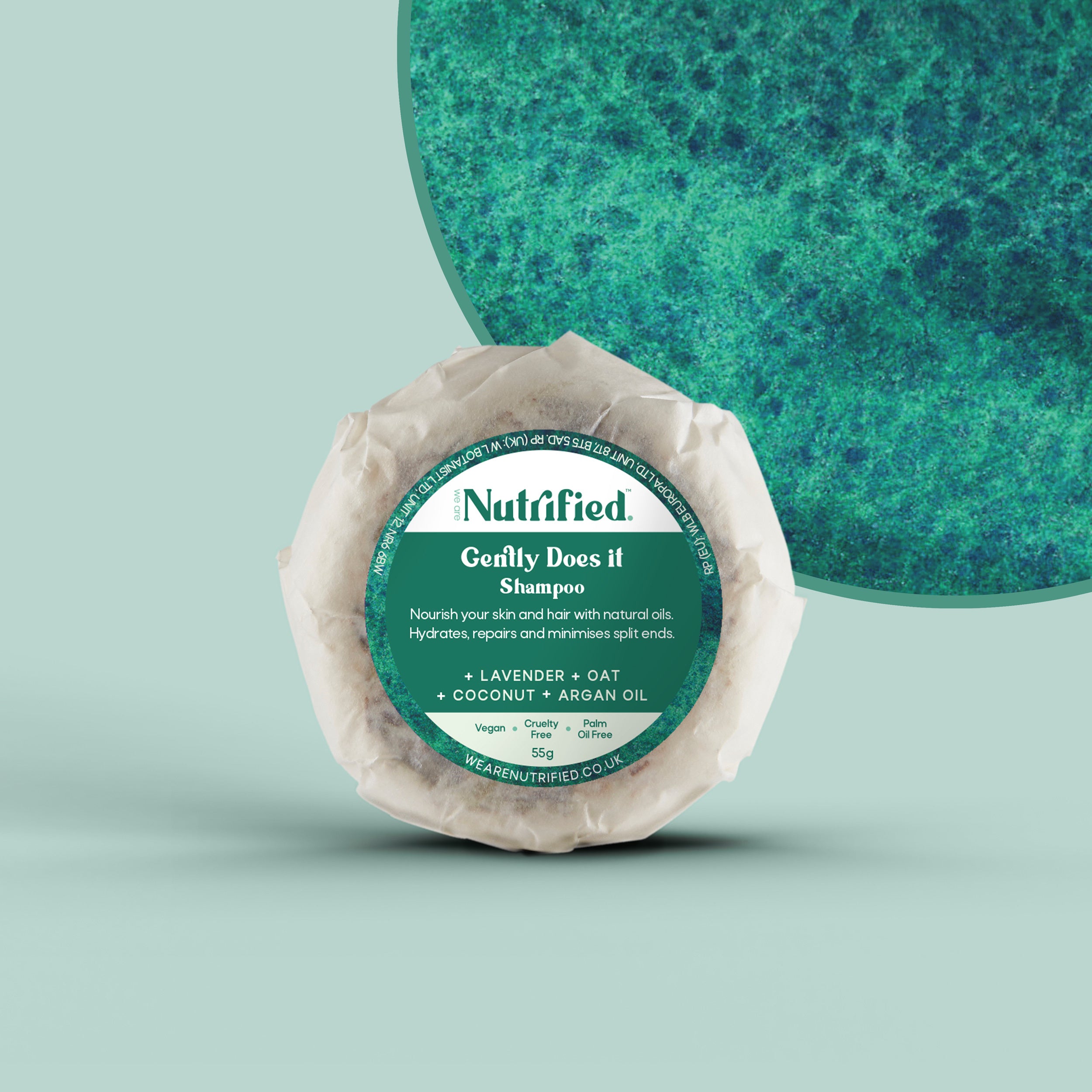 front view of Gently Does It Shampoo bar a green textured background