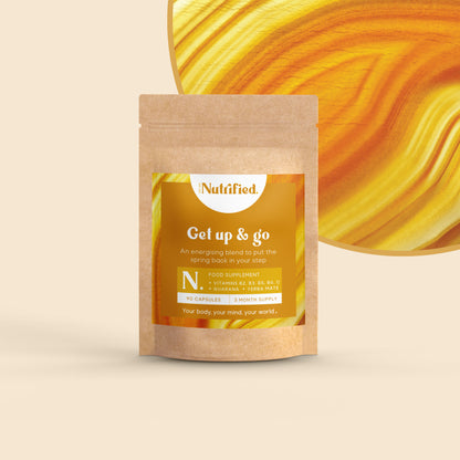 front view of Get Up & Go supplement pack with an orange textured background