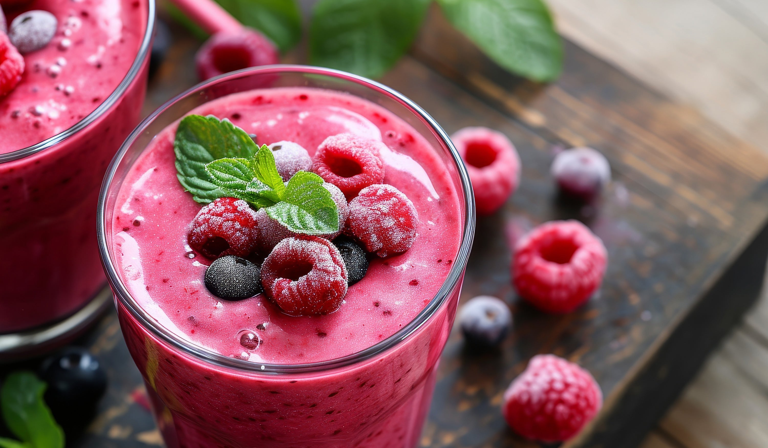 Fruit Protein Punch berry smoothie in glass on wooden  surface