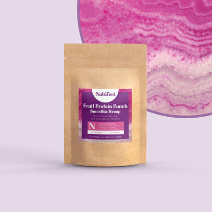 front view of Fruit Protein Punch Smoothie Scoop supplement pack with a purple textured background