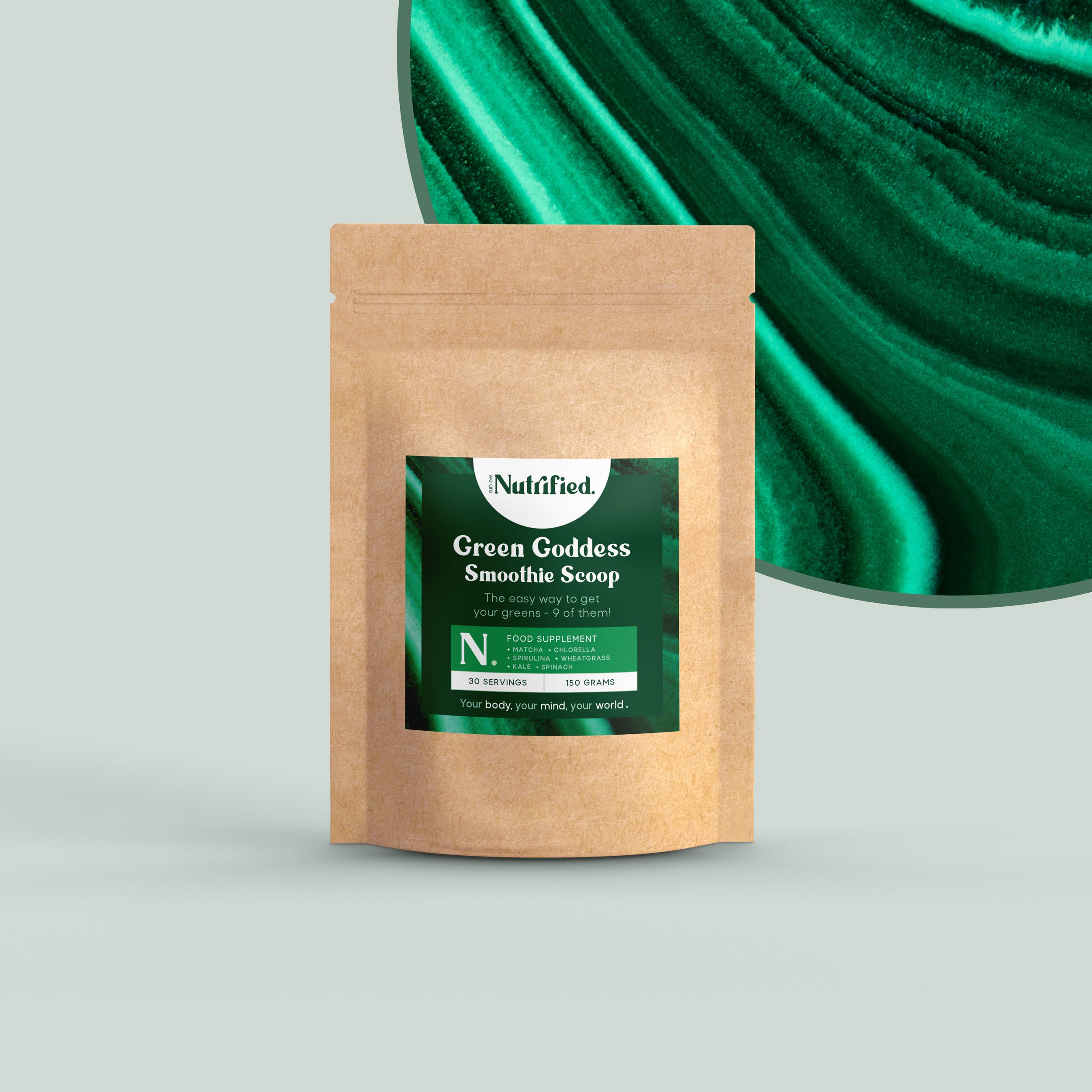 front view of Green Goddess Smoothie Scoop supplement pack with green textured background