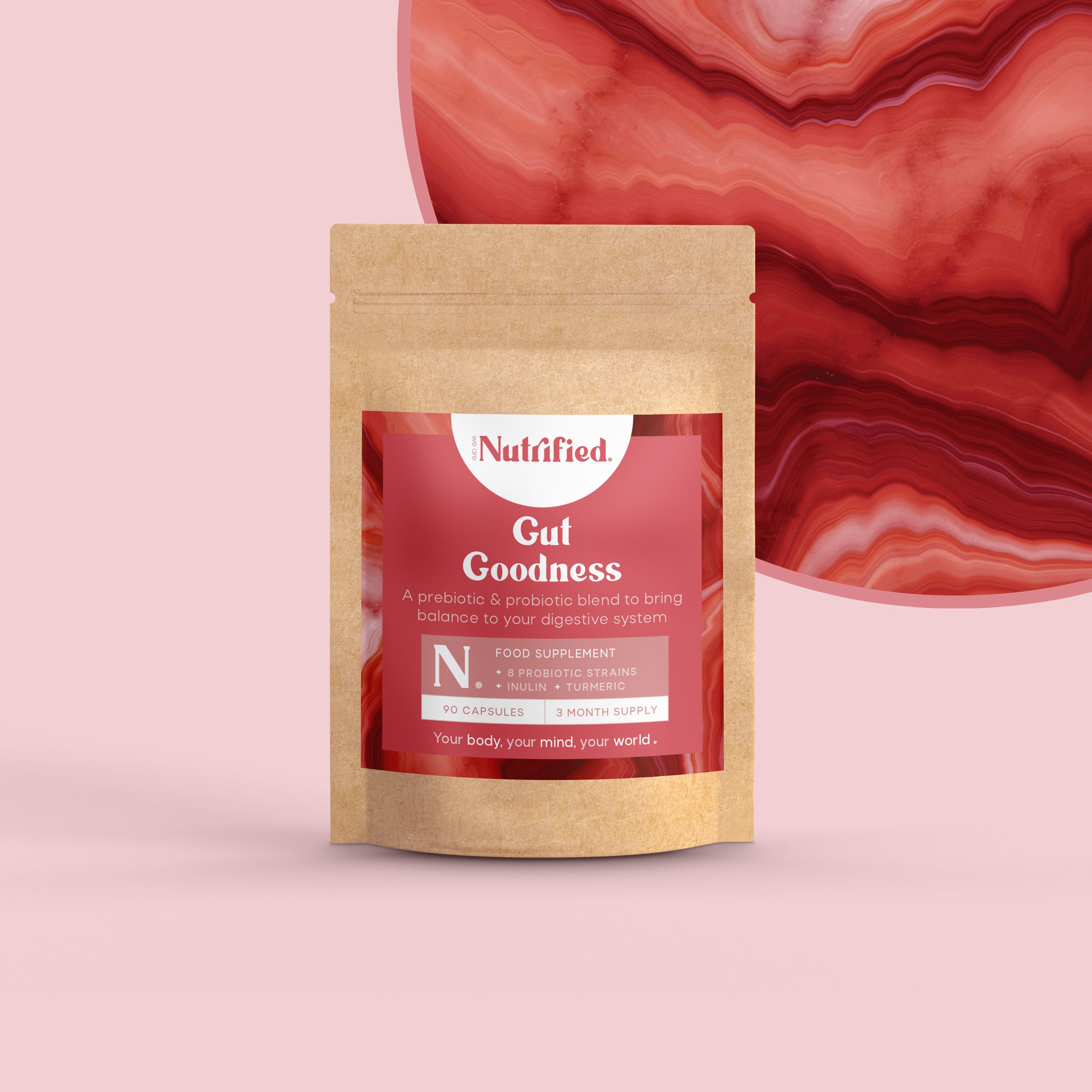 front view of Gut Goodness supplement pack with pink/red textured background