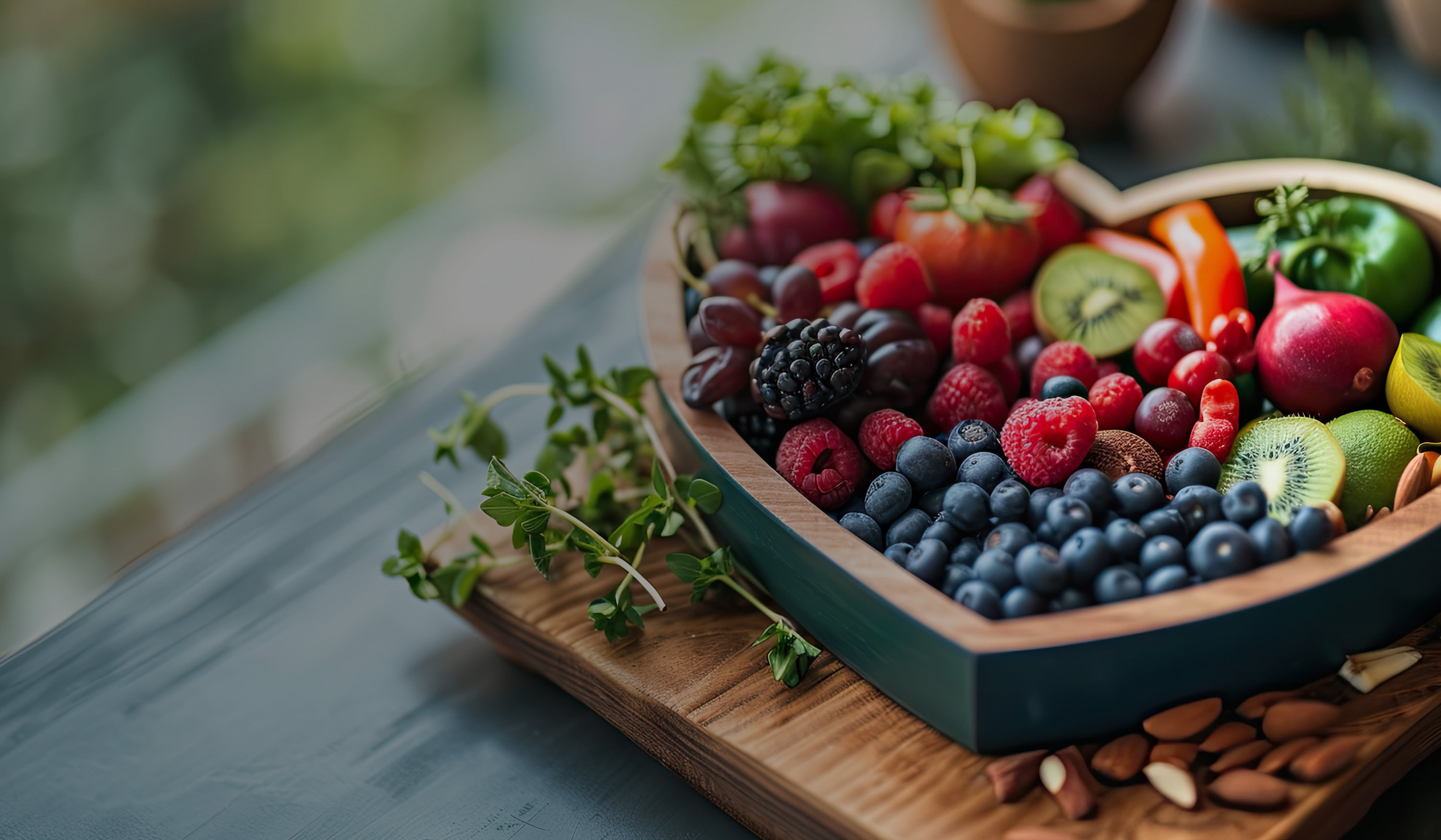 love heart shaped wooden fruit bowl with assorted fruits 