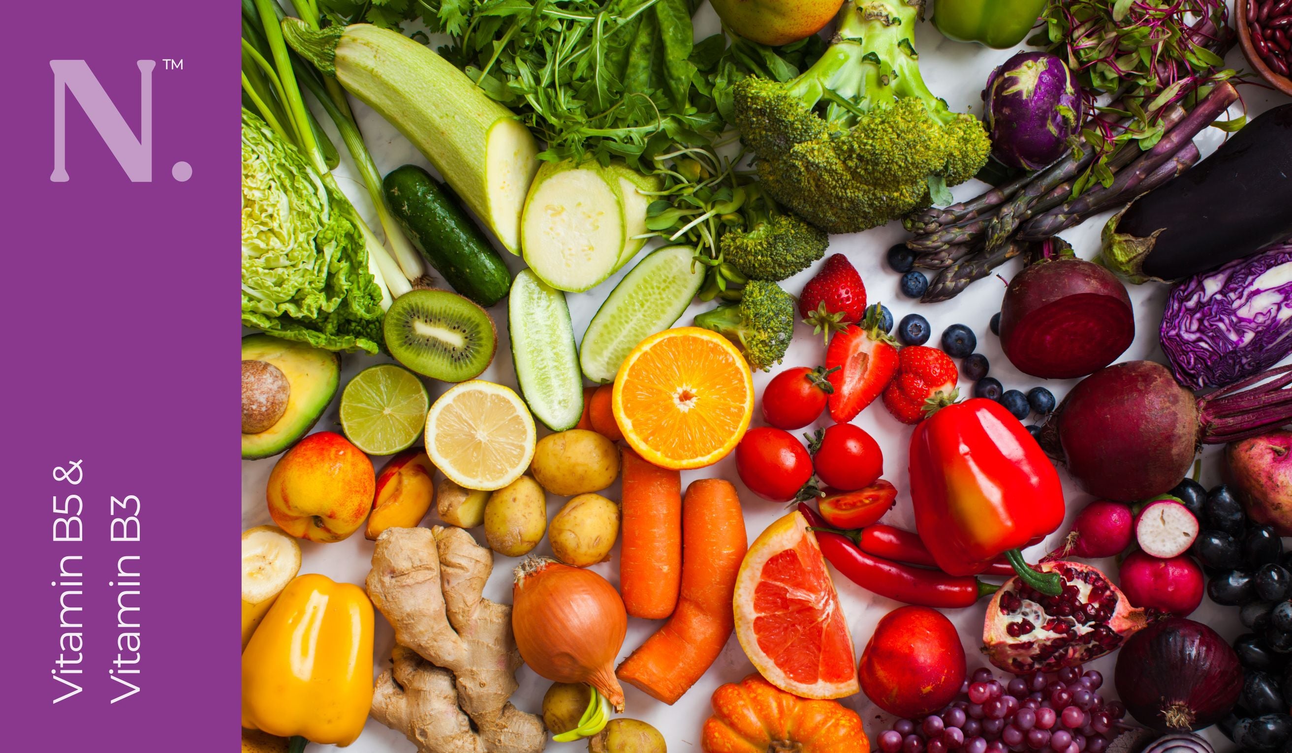 fruit and vegetables layed out on table representing vitamin B5 & B3