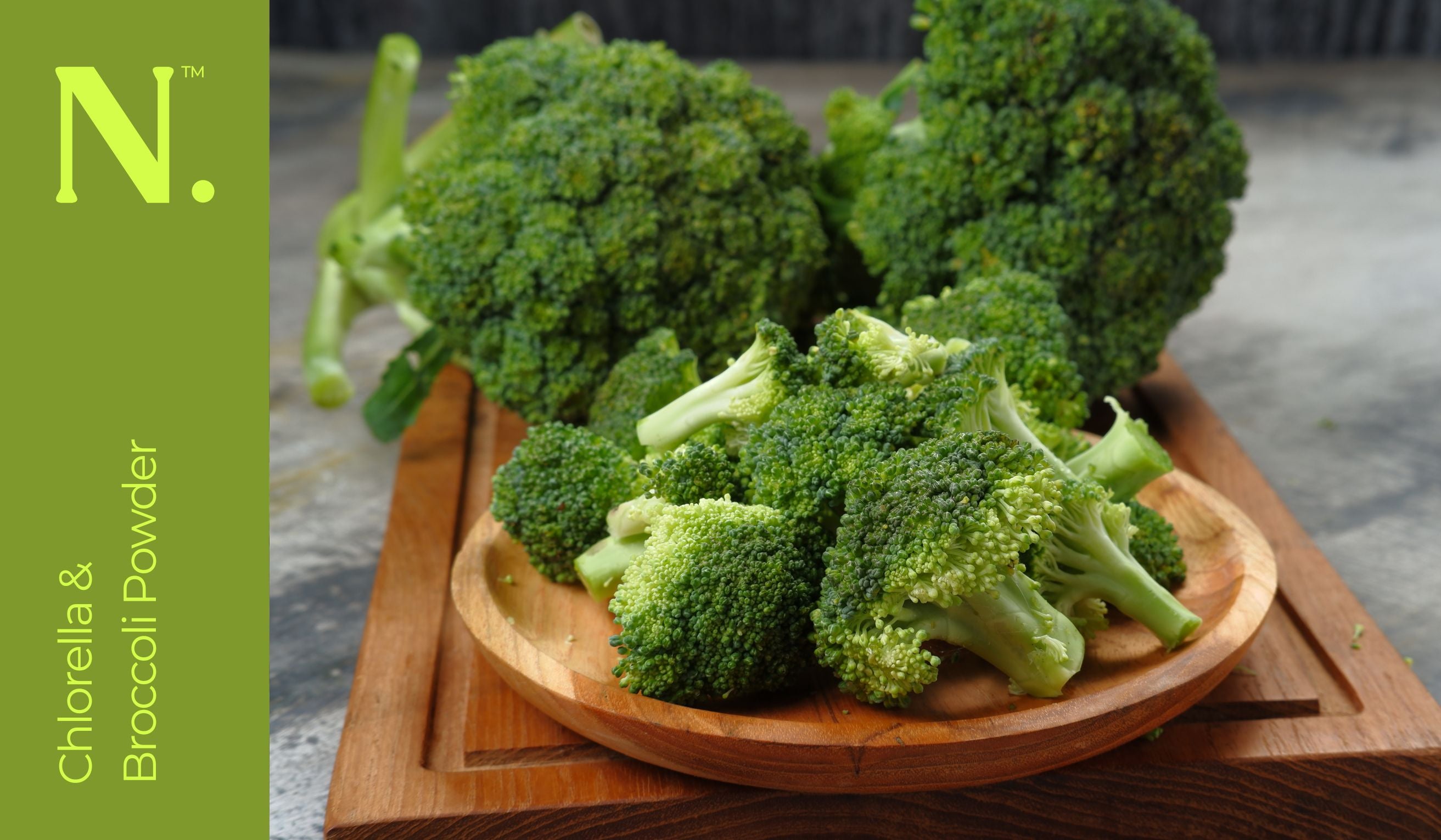 wooden plate and chopping board full of broccoli - Chlorella & Broccoli Powder