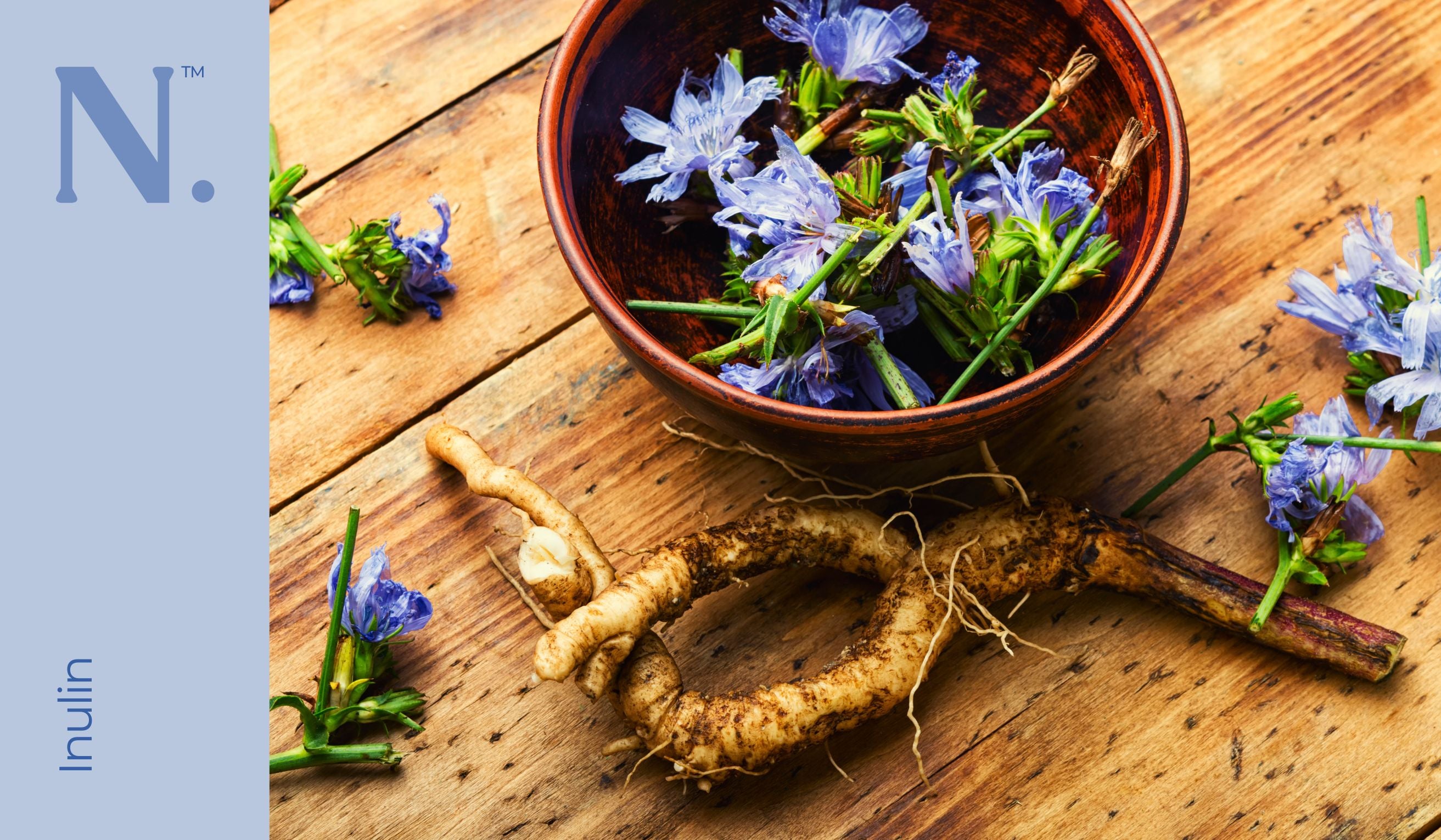 Wooden bowl with small purple flowers inside sat on wooden surface with a piece of large Inulin